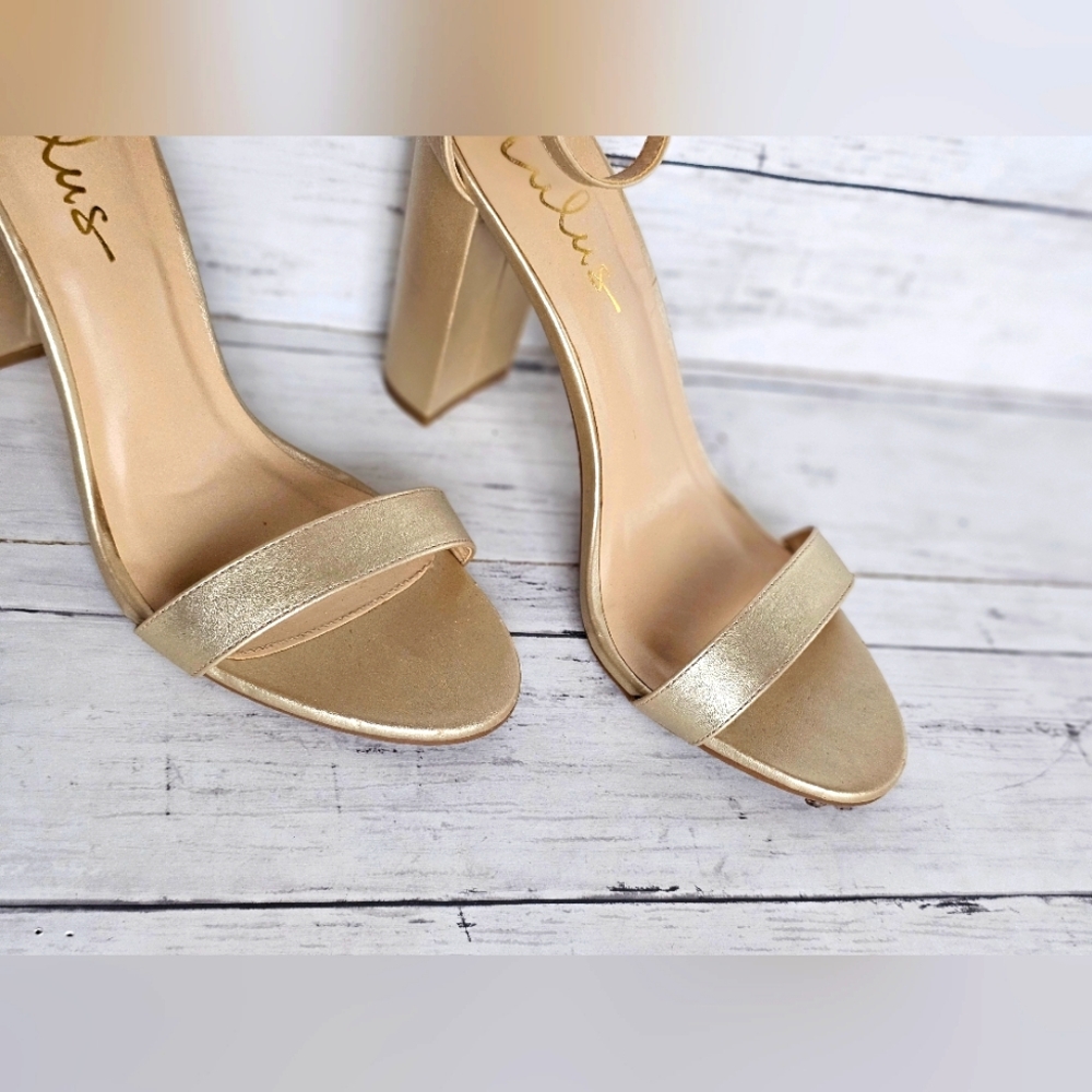 Lulus Dressy Taylor Metallic Champagne Gold Block Ankle Strap Chunky Heels - Picture 2 of 11
